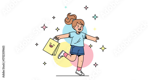 Joyful Girl Running With a Shopping Bag in a Colorful Composition of Illustration Form