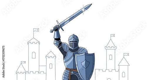 Medieval Knight Triumphantly Raises Sword Over Castle Silhouette Background