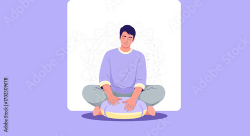 Meditating man in lotus position with closed eyes sitting with a purple background