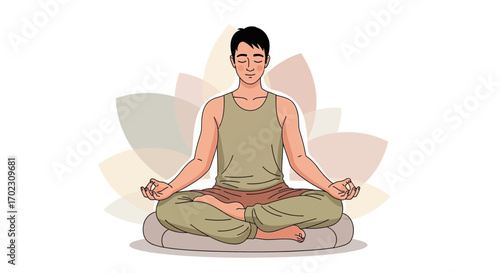 Meditating Figure with Serene Expression in Lotus Pose, Digital Style Illustration