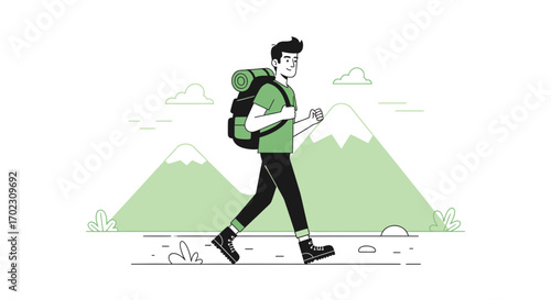 Joyful Hiker Ascending Rocky Pathway Under Serene Mountainous Landscape
