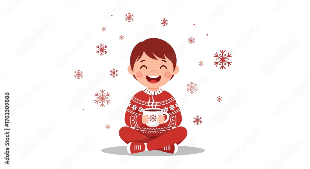 Fototapeta premium Joyful Kid Sitting Enjoying A Warm Beverage Amidst Falling Winter Snowflakes