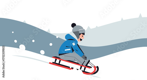 Joyful Kid Experiences Exhilarating Sledding Adventure Down A Snowy Slope During Winter