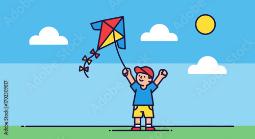 Joyful Kid Flying A Colorful Kite Under A Bright Sky During A Cheerful Summer Day