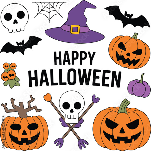 Nice hand drawn collection of halloween attributes vector illustration on white background
