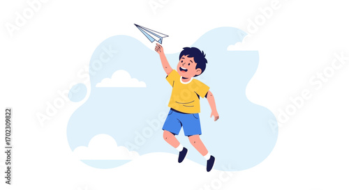 Joyful Kid Launching Craft Airplane into the Sky, Embracing Play and Childhood