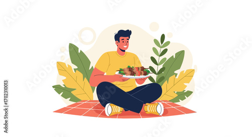 Joyful Man Enjoying Skewered Food During a Relaxing Picnic Moment Outdoors