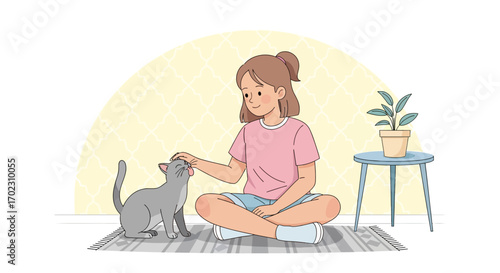Joyful Moment Sharing Affection Between A Young Girl And A Playful Cat Together