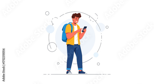 Modern Illustration Of A Traveler Navigating Via Smartphone With Backpack On White Background