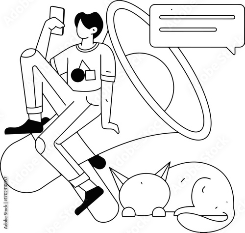 Trendy influencer promoting content on social media using phone while pet cat watches, a modern marketing strategy to reach audiences and boost brand awareness for increased sales