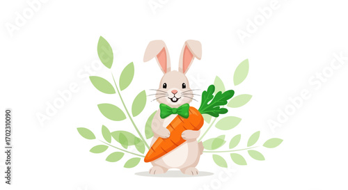 Joyful Rabbit Holding A Large Carrot, Surrounded by Leaves, In A Cheerful Illustration