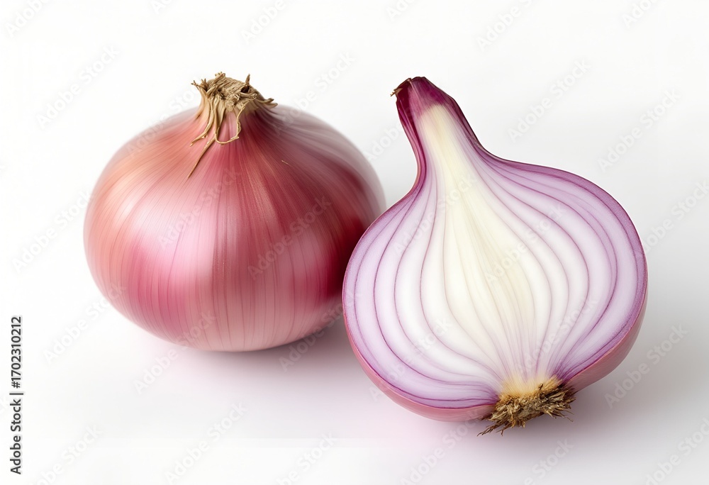 Fototapeta premium Close-up of a whole and halved red onion on a white background