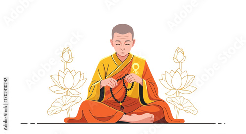Monk meditating with lotus flowers, representing spirituality, peace, and mindfulness practices