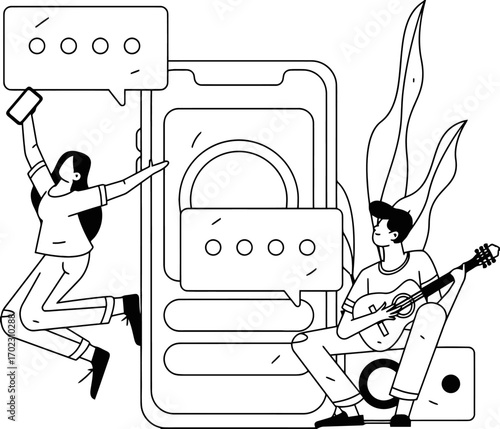 Trendy musician sharing music online, while a fan excitedly reacts to the new release on their phone with chat bubbles and modern graphics, showcasing online engagement and digital lifestyle