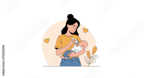 Mother feeding baby with a bottle, illustration of motherhood and infant care