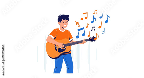 Musical Performance Illustrated, Featuring a Guitarist and Various Musical Notes