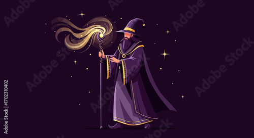 Mystical Wizard in Elegant Robes Conjuring Magical Energy Against a Starry Backdrop