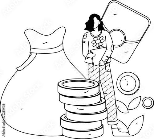 Empowered woman managing investments, growing financial future and planning for wealth with money bag, coins, credit card and blossoming investment opportunities in a modern style