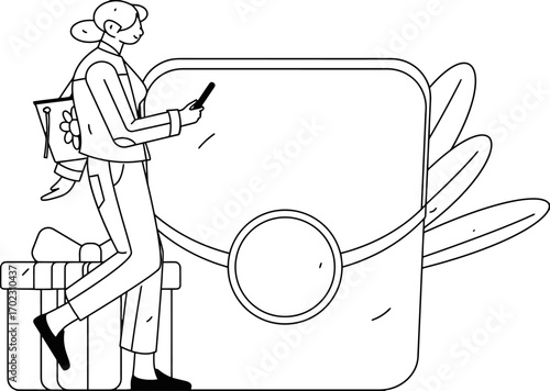 Stylish woman presenting on digital screen, standing on gifts, a modern concept for celebration, advertising, product launch, create a buzz, black and white minimalist illustration