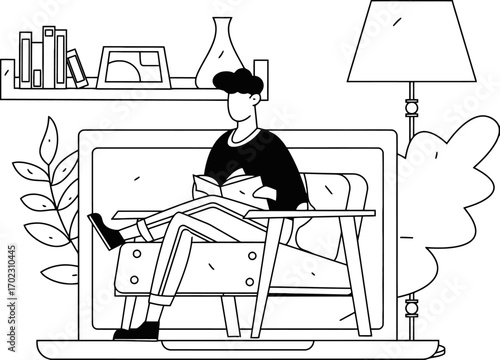 Enjoy a peaceful moment reading a book in a comfy chair next to a stylish lamp and shelving, this illustration is perfect for promoting relaxation, literature, or quiet time at home