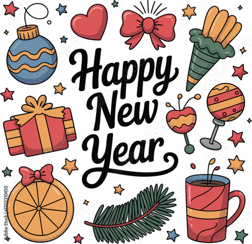 Nice hand drawn collection of happy new year attributes vector illustration on white background