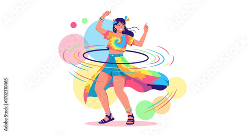Joyful Woman Hula Hooping with Festive Colors, Celebrating Playful Energetic Moments