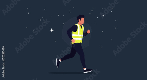 Nighttime Jogger: A Person Runs Under The Starry Sky With High Visibility Vest