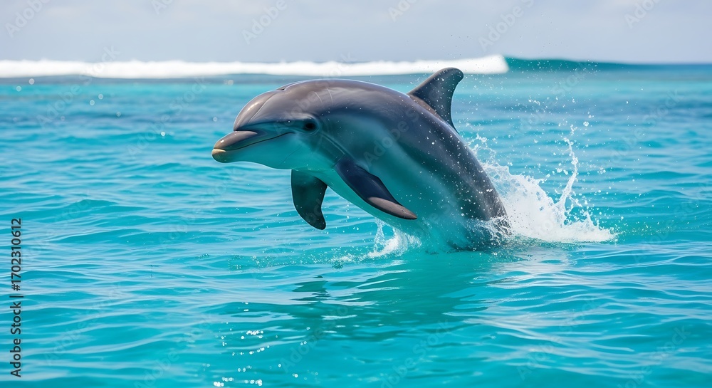 Fototapeta premium Two dolphins leaping playfully in the ocean.