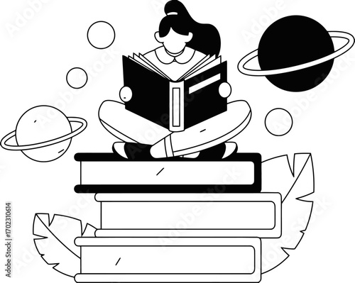 Whimsical exploration with a reader sitting atop books surrounded by planets, perfect for illustrating education, imagination, and the joy of learning, a modern and minimalist design