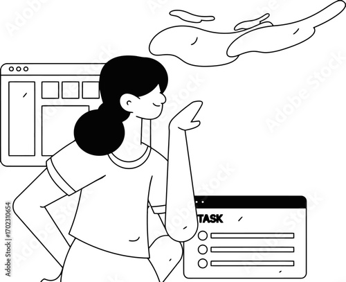 Streamline your workflow with this stylish illustration of a woman managing tasks, perfect for productivity apps, project management tools, and modern business blogs seeking a fresh visual