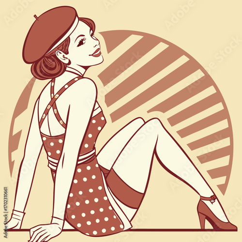 Retro pin up girl illustration with bold outlines and vibrant colors evoking a vintage advertisement or poster style