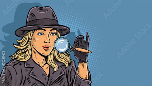 Woman detective with magnifying glass banner