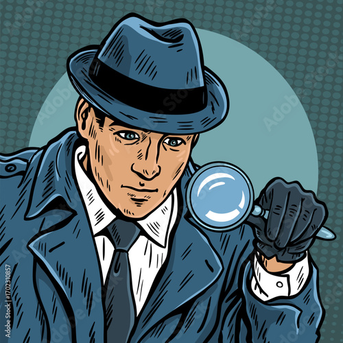 Male detective with magnifying glass noir scene