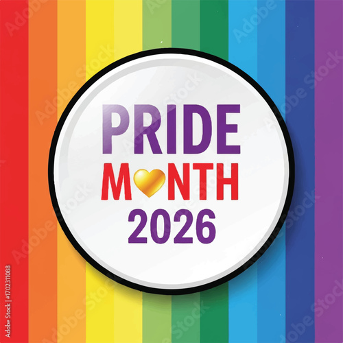 Pride Month 2026 badge with a golden heart on a vibrant rainbow flag background, symbolizing LGBTQ+ celebration and support.
