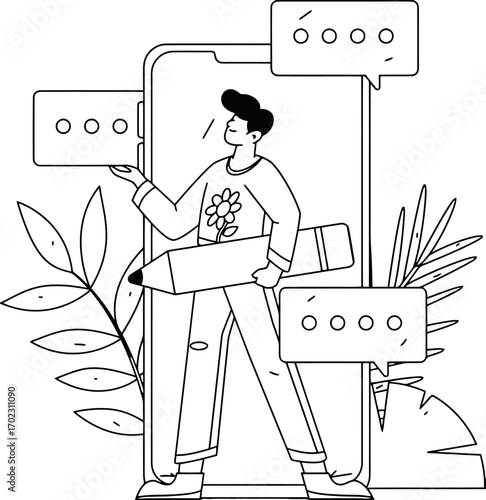 Creative designer crafting engaging content with a giant pencil and mobile device surrounded by organic elements, inspiring digital communication.