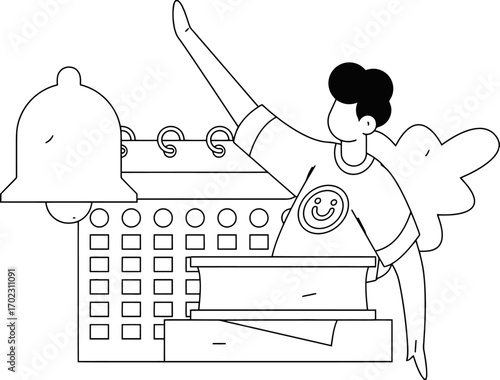 Excited person celebrates successful planning and event notification with a bell and calendar, highlighting organized achievement and joyful anticipation for upcoming milestones.
