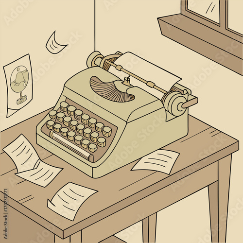 Vintage typewriter on a wooden desk with crumpled paper evoking a classic writing or creative atmosphere with a retro aesthetic