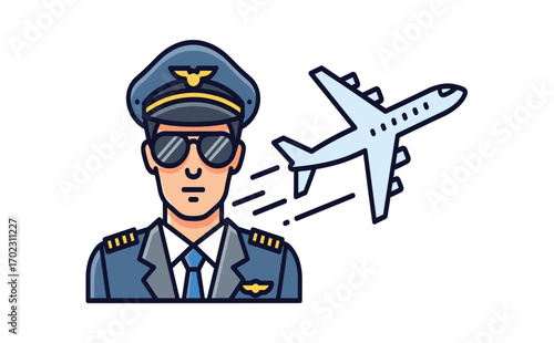 Professional Pilot in Uniform with Aircraft in Background Illustration