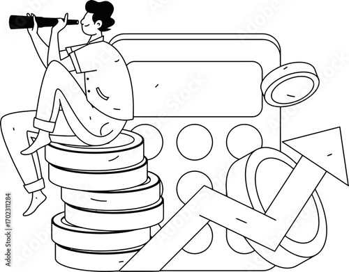 Visionary entrepreneur uses telescope atop stacked coins near calculator and growth arrow symbolizing financial foresight and business expansion success