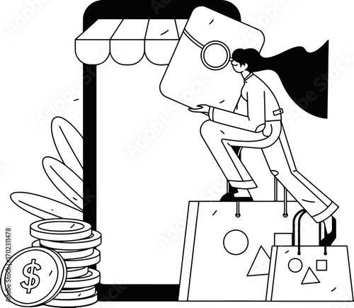 Dynamic entrepreneur meticulously searching for online retail opportunities, embracing digital commerce with shopping bags and coins symbolizing profit and growth