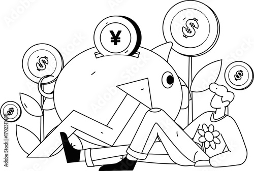 Joyful person watches a large piggy bank grow with coins symbolizing financial prosperity and investment success in a stylized, modern illustration