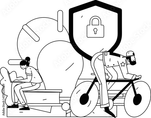 Protecting digital assets with modern security measures and innovative ideas featuring a woman working on a laptop and a police officer on a bicycle guarding sensitive information
