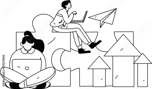 Dynamic duo collaborating on innovative ideas using laptops and paper airplanes symbolizing creativity and forward momentum in modern business ventures
