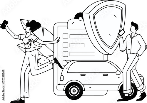 Dynamic duo securing car insurance with confidence, showcasing protection and policy details for peace of mind and smart financial planning