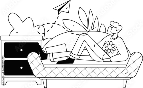 Young person relaxes on cozy couch dreaming of adventures with paper airplane soaring high, symbolizing freedom and imagination in a modern, simple illustrative style.