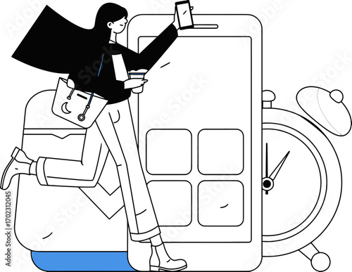Dynamic businesswoman navigates busy schedule with smartphone and coffee, embracing modern workflow and efficiency for success in today's fast-paced world.