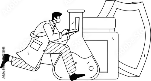 Dynamic scientist analyzing data on laptop near scientific equipment and shield, symbolizing research breakthroughs and data protection in innovation