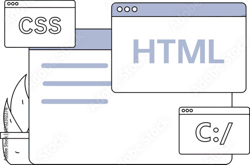 Modern web development abstract showing CSS HTML and C drive icons symbolizing coding and digital creation for tech businesses and creative projects