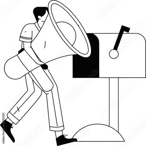Dynamic person with megaphone announces message to mailbox, capturing attention for communication and outreach campaigns with modern, clear design elements