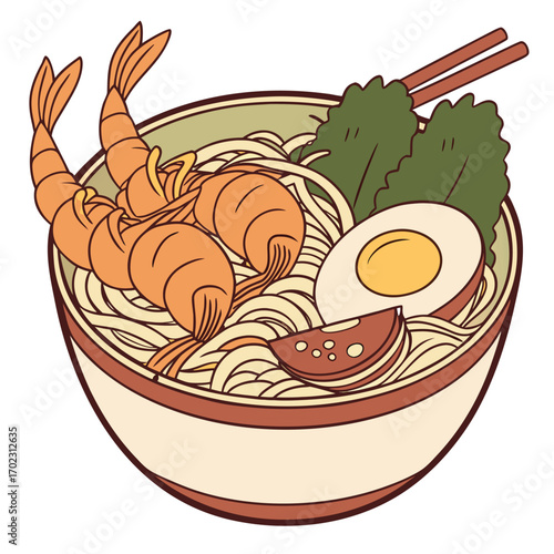 Delicious seafood ramen bowl illustration featuring plump shrimp tempura fresh seaweed and savory broth perfect for culinary themes and restaurant menus